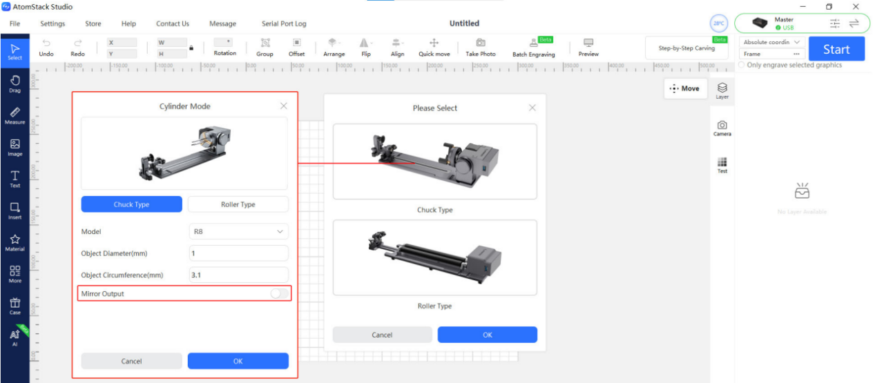 Al utilizar el accesorio rotativo con el Master, el grabado sale en espejo